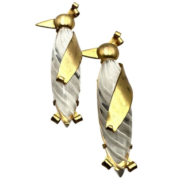 Vintage 1940s Era Pair of Jelly Belly Lucite Gold Tone Penguin Bird Brooches - Picture 1 of 7